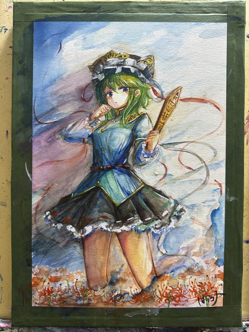 1girl absurdres black_skirt blue_eyes blue_vest breasts commentary_request cowboy_shot flower frilled_hat frilled_shirt_collar frills green_hair harikona hat hat_ribbon highres holding long_sleeves miniskirt outdoors red_ribbon ribbon rod_of_remorse shiki_eiki skirt small_breasts solo spider_lily touhou traditional_media vest white_ribbon