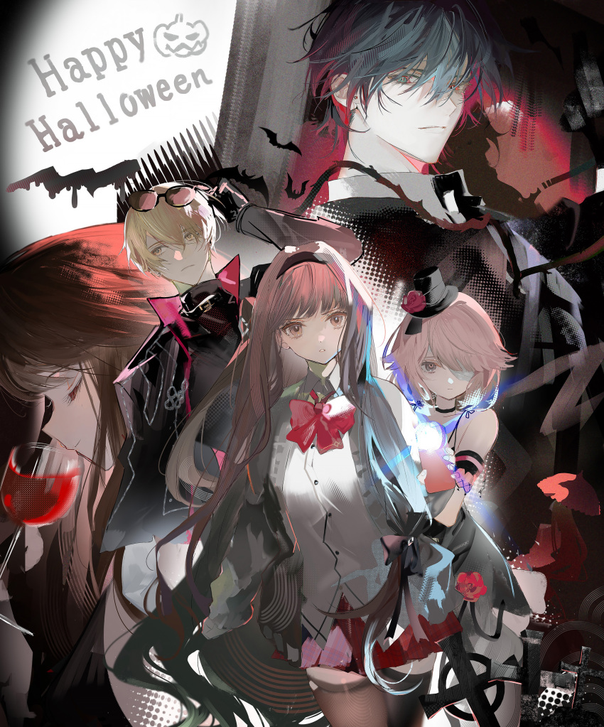 2boys 3girls absurdres bat_(animal) black_choker black_dress black_hairband black_hat black_jacket black_pantyhose blonde_hair blunt_bangs bow bowtie brown_eyes brown_hair choker collared_shirt cup dress eyepatch eyewear_on_head forever_7th_capital green_hair hair_between_eyes hair_over_one_eye hairband halloween hat highres holding holding_cup jacket long_hair medical_eyepatch mini_hat multiple_boys multiple_girls one_eye_covered pantyhose pink_hair red_bow red_bowtie rrrr_222 shirt short_hair sleeveless sleeveless_dress white_shirt yellow_eyes yumi_(forever_7th_capital) zhong_yao
