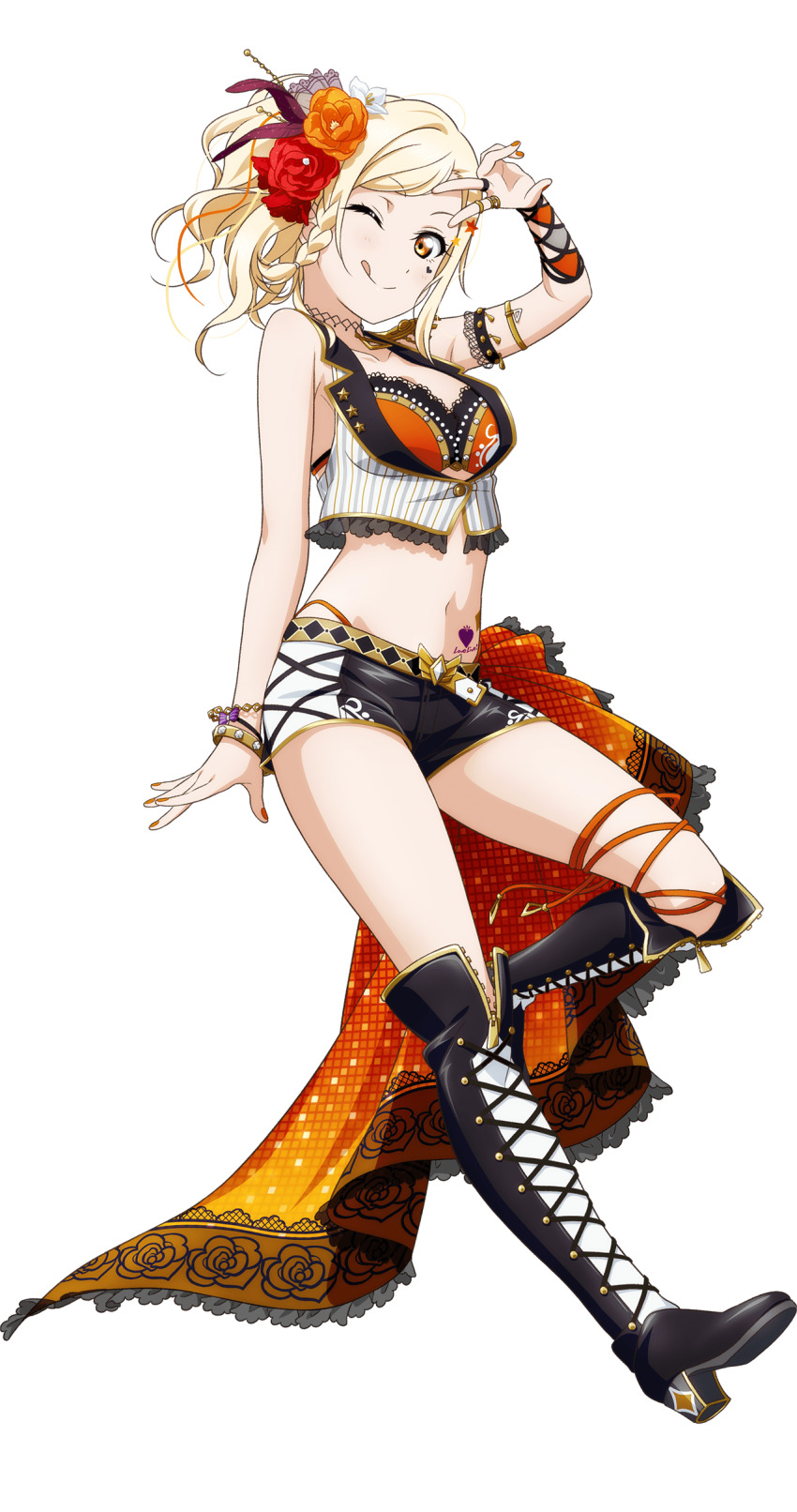 1girl ;q absurdres arm_up black_boots black_shorts blonde_hair blush boots bra bracelet braided_sidelock breasts cleavage closed_mouth collarbone crop_top full_body high_heel_boots high_heels highres jewelry lace-up_boots leg_up looking_at_viewer love_live! love_live!_nijigasaki_high_school_idol_club love_live!_school_idol_festival_all_stars meccha_going!! medium_breasts medium_hair miyashita_ai navel official_alternate_costume official_art one_eye_closed orange_bra orange_eyes pinstripe_pattern pinstripe_vest ponytail short_shorts shorts sidelocks simple_background smile solo stomach tongue tongue_out transparent_background underwear v v_over_eye vest zipper_footwear