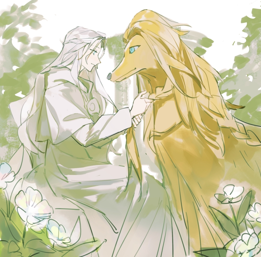 1girl afghan_hound animal argos_(ff14) blue_eyes braid braiding_hair capelet dog feet_out_of_frame final_fantasy final_fantasy_xiv flower from_side hairdressing half_up_braid half_updo highres hood hood_down hooded_capelet karisome149 leaf long_hair long_sleeves mask mask_around_neck outdoors oversized_animal profile robe single_braid sitting sketch smile unworn_mask venat_(ff14) white_capelet white_flower white_hair white_robe