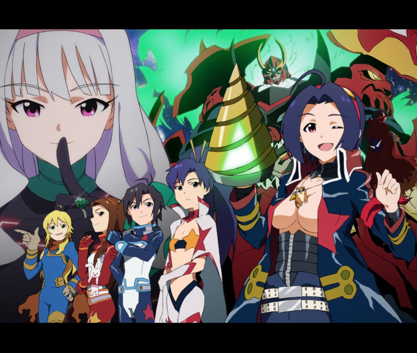 6+girls absurdres animal_between_breasts antispiral_nia antispiral_nia_(cosplay) bad_id bad_pixiv_id between_breasts black_hair blonde_hair blue_hair boota_(cosplay) boota_(ttgl) breasts brown_hair cape core_drill cosplay creator_connection darry_adai darry_adai_(cosplay) drill flat_chest gimmy_adai gimmy_adai_(cosplay) green_eyes grin hamster hamuzou headband highres hoshii_miki idolmaster idolmaster_(classic) jewelry kamina_(cosplay) kamina_(ttgl) kamina_shades kikuchi_makoto kisaragi_chihaya letterboxed minase_iori miura_azusa multiple_girls neon_trim nia_teppelin one_eye_closed open_mouth parody producer_(idolmaster) purple_eyes ring shijou_takane silver_hair simon_(cosplay) simon_(ttgl) smile space_yoko space_yoko_(cosplay) taku1122 tengen_toppa_gurren-lagann_(mecha) tengen_toppa_gurren_lagann triangular_eyewear viral_(cosplay) viral_(ttgl) wink yellow_eyes yoko_littner yoko_littner_(cosplay)