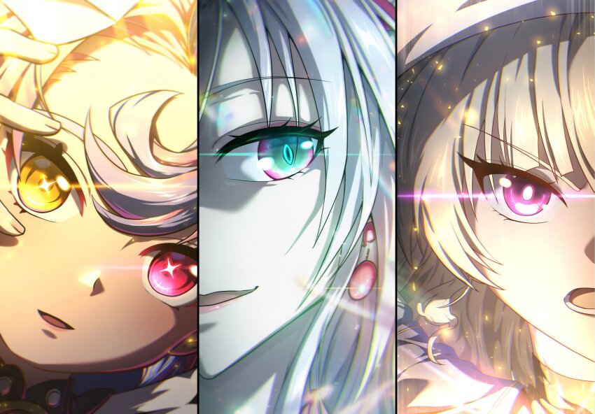 1girl 3girls absurdres aqua_eyes blonde_hair blue_eyes carlotta_(wuthering_waves) chromatic_aberration close-up commentary_request earrings eye_focus glowing glowing_eyes glowing_pupils grey_hair hair_between_eyes hand_up heterochromia highres jewelry lens_flare light_particles long_hair looking_at_viewer multicolored_hair multiple_girls open_mouth parted_lips phoebe_(wuthering_waves) pink_eyes pink_hair portrait purple_eyes purple_hair roccia_(wuthering_waves) slit_pupils smile soon_(yjwx8242) symbol-shaped_pupils two-tone_hair white_hair wuthering_waves yellow_eyes
