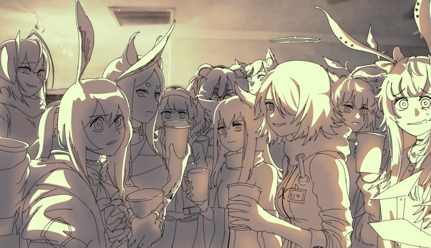 6+girls amiya_(arknights) animal_ear_piercing animal_ears arknights awkward bow caustics character_request commentary cup dobermann_(arknights) english_commentary exusiai_(arknights) false_smile furrowed_brow glaring hair_bow halo holding holding_cup istina_(arknights) jewelry lappland_(arknights) light_frown long_bangs long_hair looking_to_the_side medium_hair meme meme_request monochrome moread multiple_girls multiple_rings name_tag nervous_smile originium_(arknights) party peeking_out pov provence_(arknights) rabbit_ears rhodes_island_medic_(arknights) ring rope_(arknights) scar scar_across_eye scar_on_face smile sora_(arknights) staring texas_(arknights) vent_(object) w_(arknights) weedy_(arknights) wince wolf_ears xiao_qiong