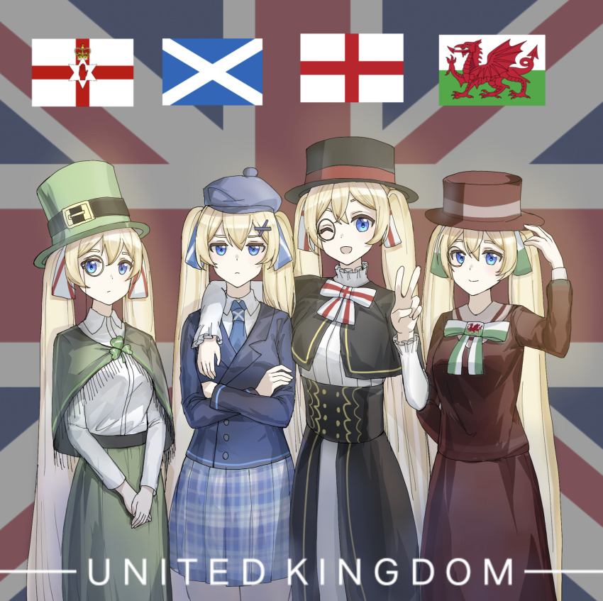 4girls black_dress black_headwear blazer blonde_hair blouse blue_eyes blue_headwear blue_jacket blue_necktie blue_skirt bow bowtie braid closed_mouth dress england flag green_headwear green_skirt hair_ornament hat highres jacket long_hair long_sleeves looking_at_viewer multiple_girls necktie northen_ireland original personification phonetik plaid_clothes plaid_skirt pleated_skirt red_dress red_headwear scotland shirt skirt smile standing twintails union_jack united_kingdom v very_long_hair wales white_bow white_bowtie white_shirt x_hair_ornament