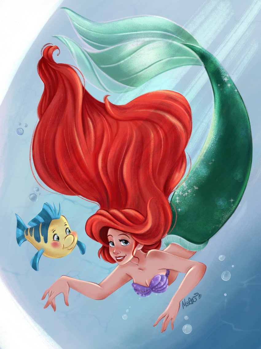 1girl absurdres air_bubble ariel_(disney) bikini blue_eyes blush bubble fish flounder_(the_little_mermaid) green_tail highres long_hair looking_at_viewer mermaid monster_girl msalexsa red_hair shell shell_bikini signature the_little_mermaid_(disney) underwater watermark
