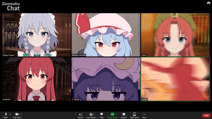 6+girls blonde_hair blue_eyes blue_hair bow braided_sidelock character_name commentary crescent crescent_hat_ornament english_commentary english_text fake_screenshot flandre_scarlet green_bow grey_hair hair_bow hair_ribbon hat hat_ornament highres hong_meiling indoors izayoi_sakuya koakuma looking_at_viewer maid_headdress meme mikoscrub mob_cap motion_blur multiple_girls necktie patchouli_knowledge pink_hat pixelated portrait purple_eyes purple_hair red_eyes red_hair red_necktie red_ribbon remilia_scarlet ribbon sad_linus_(meme) scarlet_devil_mansion smile straight-on touhou video_call