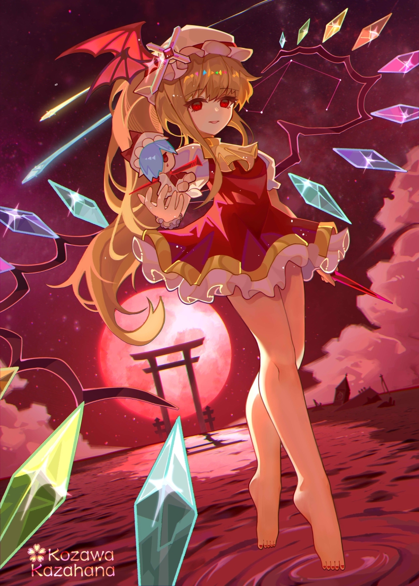 1girl absurdres alternate_hair_length alternate_hairstyle artist_name ascot barefoot blonde_hair character_doll chinese_commentary cloud commentary_request constellation cross cross_hat_ornament crystal crystal_wings doll dress feet flandre_scarlet frilled_dress frilled_wrist_cuffs frills full_body hat hat_ribbon highres holding holding_weapon kozawa_kazahana latin_cross long_hair looking_at_viewer mob_cap moon multicolored_wings nail_polish night night_sky open_mouth outdoors ponytail puffy_short_sleeves puffy_sleeves red_dress red_eyes red_moon red_nails red_ribbon red_sky remilia_scarlet ribbon ripples ruins shooting_star short_dress short_sleeves sky sleeveless sleeveless_dress smile solo standing star_(sky) tiptoes toenail_polish toenails torii touhou very_long_hair voodoo_doll walking walking_on_liquid weapon white_hat winged_hat wings wrist_cuffs yellow_ascot