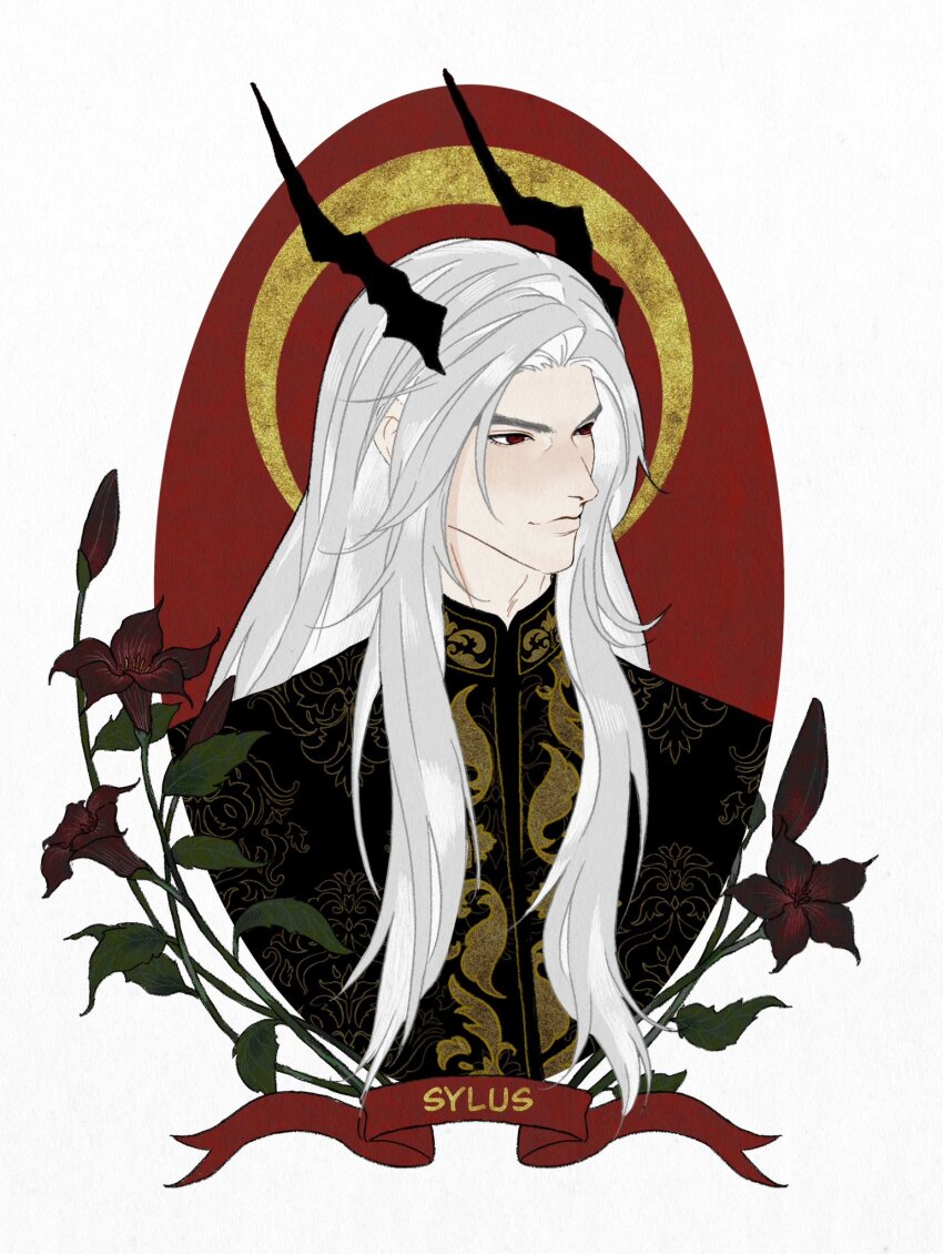 1boy black_horns character_name closed_mouth dragon_boy dragon_horns flower gfmldjszt highres horns lips long_hair looking_afar love_and_deepspace male_focus portrait red_eyes red_flower solo sylus_(abyssal_sovereign)_(love_and_deepspace) sylus_(love_and_deepspace) white_hair