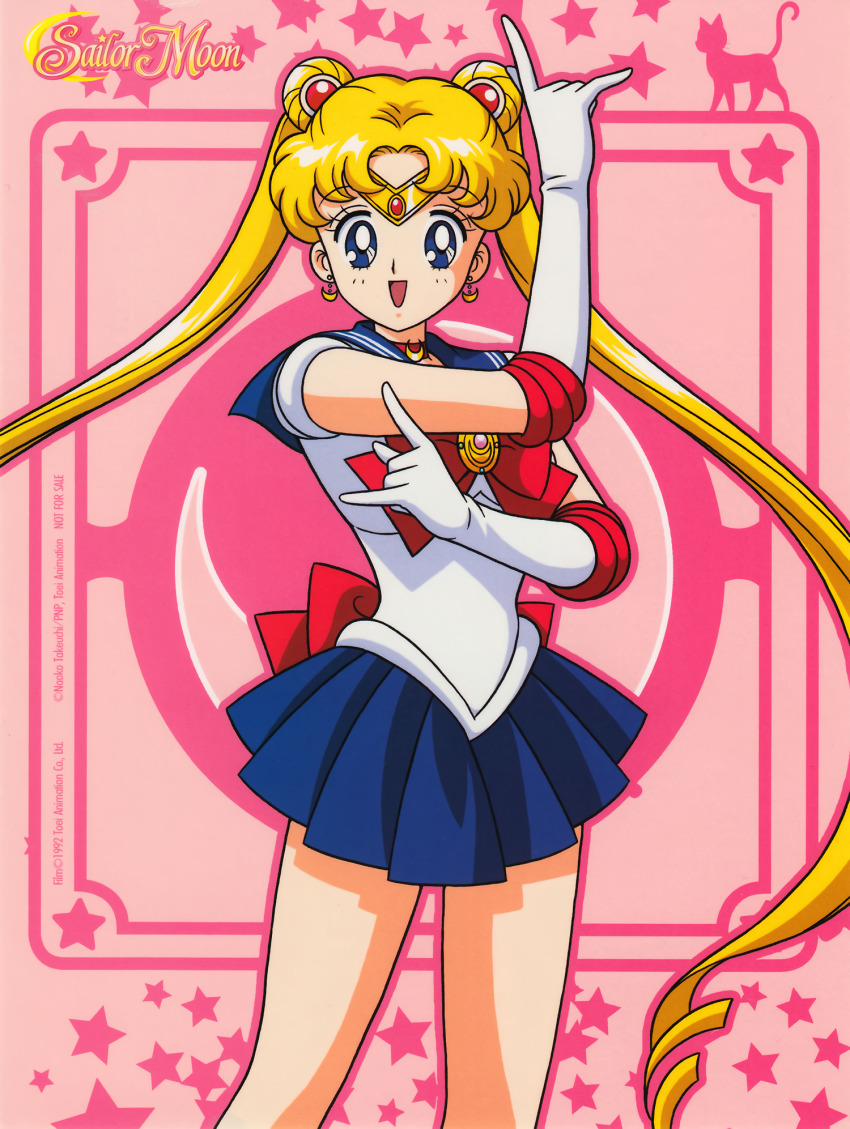 1990s_(style) 1girl back_bow bishoujo_senshi_sailor_moon bishoujo_senshi_sailor_moon_(first_season) blonde_hair blue_eyes blue_skirt bow copyright_name copyright_notice crescent crescent_earrings double_bun earrings elbow_gloves gloves hair_bun highres jewelry leotard long_hair looking_at_viewer miniskirt not_for_sale official_art open_mouth pink_background pleated_skirt retro_artstyle sailor_moon sailor_senshi skirt solo tiara tsukino_usagi twintails very_long_hair