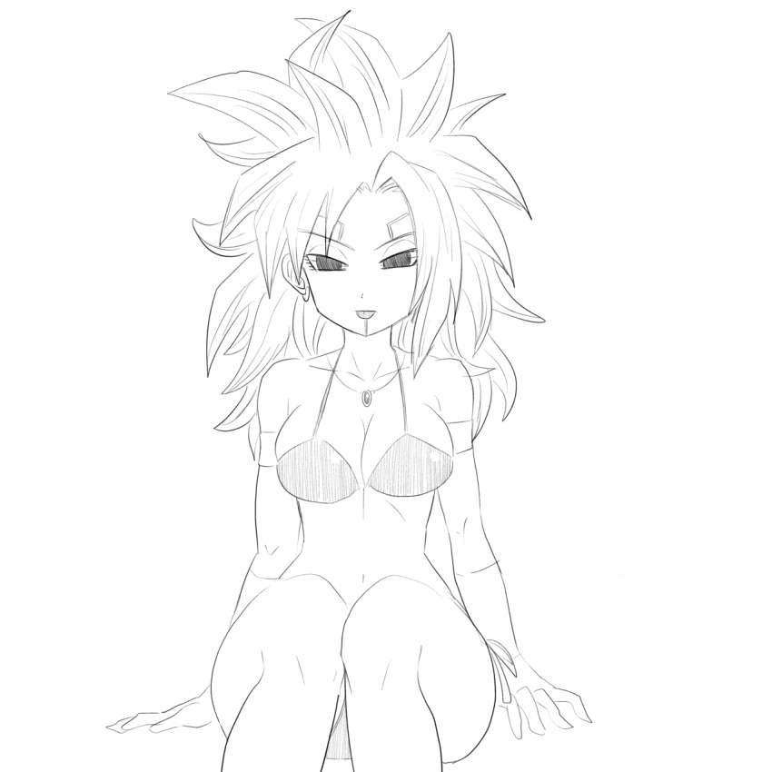 alternate_hair_color breasts dragon_ball dragon_ball_heroes dragon_ball_super highres kakoi_66 kale_(dragon_ball) kamin_(dragon_ball) large_breasts monochrome possessed possession smile solo swimsuit tongue tongue_out wide_hips