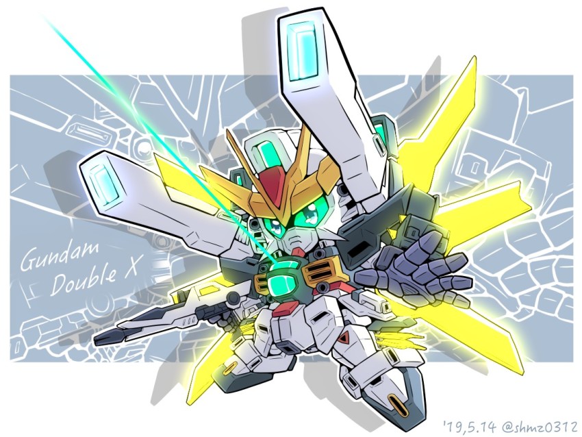 after_war_gundam_x beam_rifle blue_eyes character_name chibi energy_gun gun gundam gundam_double_x holding holding_gun holding_weapon mecha no_humans open_hand robot satellite_cannon shokkaa_(shmz61312) shoulder_cannon solo weapon zoom_layer