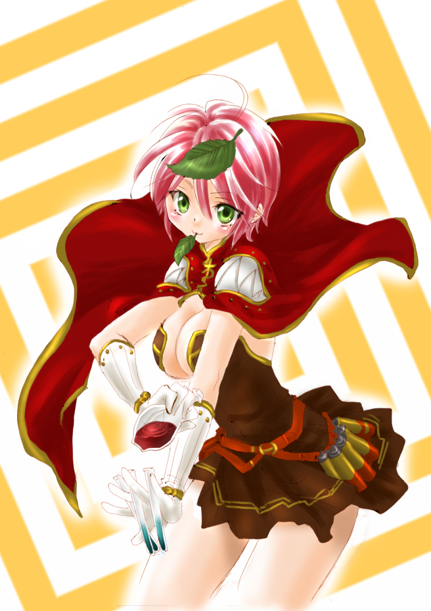 1girl blush breasts brown_dress cape cleavage closed_mouth commentary_request cowboy_shot creator_(ragnarok_online) dress gloves green_eyes highres holding holding_vial large_breasts leaf leaf_in_mouth leaf_on_head looking_at_viewer pink_hair plunging_neckline potion ragnarok_online red_cape short_dress short_hair smile solo strapless strapless_dress vial white_background white_gloves yellow_background yuki_minaduki