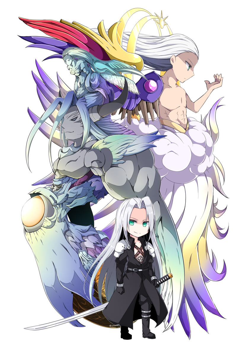 1boy aqua_eyes armor black_boots black_coat black_gloves black_pants boots chest_strap chibi closed_mouth coat dual_persona final_fantasy final_fantasy_vii gloves grey_hair grey_skirt hair_slicked_back halo highres holding holding_sword holding_weapon horns jenova long_coat long_hair male_focus monster nanao_(zonzonsh) pants parted_bangs pauldrons safer_sephiroth sephiroth shoulder_armor skirt smile solo sword topless_male weapon white_background wings