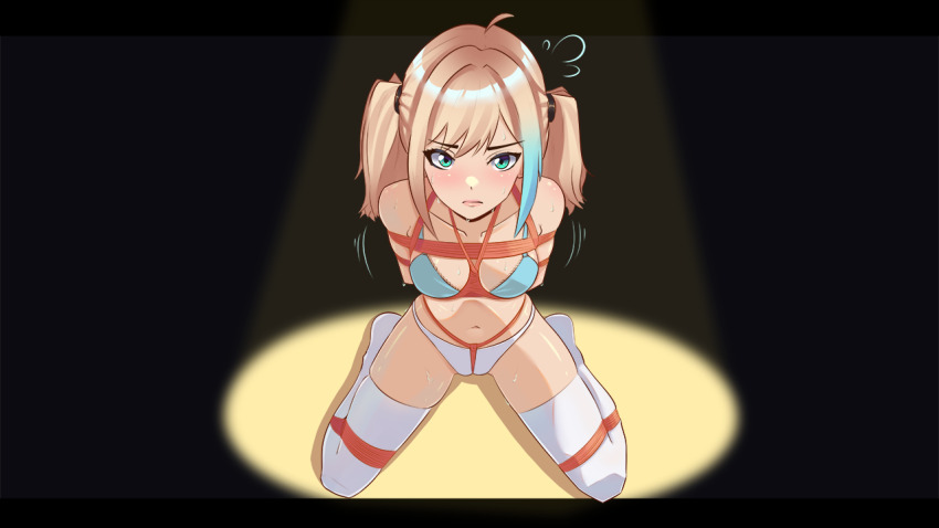 1girl ahoge arms_behind_back bdsm blonde_hair blue_bra bondage bondoinc bound bra breast_bondage breasts cameltoe collarbone crotch_rope frogtie green_eyes medium_breasts navel original panties restrained shibari shibari_over_clothes sitting skindentation solo stomach sweatdrop thighhighs thighs twintails underwear wariza white_panties white_thighhighs