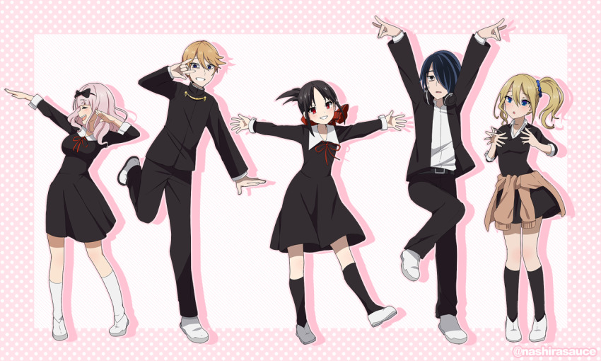 2boys 3girls aiguillette belt black_dress black_hair blonde_hair blouse blue_eyes blush bow chikattochikachika_(kaguya-sama_wa_kokurasetai) commentary dancing dress english_commentary fujiwara_chika hair_between_eyes hair_bow hair_over_one_eye hair_ribbon hayasaka_ai ishigami_yuu kaguya-sama_wa_kokurasetai_~tensai-tachi_no_renai_zunousen~ multiple_boys multiple_girls open_mouth pink_hair red_eyes ribbon sailor_collar school_uniform shinomiya_kaguya shioiri shirogane_miyuki shirt shoes shuuchiin_academy_school_uniform side_ponytail smile socks sweatdrop twitter_username uwabaki white_legwear white_shirt