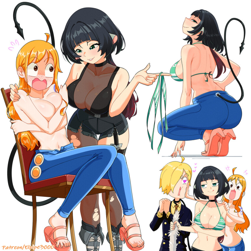 1boy 2girls :q @_@ arm_around_back ass assisted_exposure back bare_arms bare_shoulders bikini bikini_top_only black_hair blonde_hair boots breasts chair clothes_theft clothing_cutout convenient_arm convenient_censoring cosplay covering_breasts covering_privates crossover elpipe_3000 flying_sweatdrops garter_straps green_eyes hair_over_one_eye hand_on_another&#039;s_cheek hand_on_another&#039;s_face hand_on_another&#039;s_shoulder hand_on_own_hip heart heart-shaped_pupils hetero high_heels highres holding holding_swimsuit holding_unworn_clothes jacket jane_doe_(zenless_zone_zero) knees_together_feet_apart large_breasts leaning_forward long_hair long_sleeves looking_at_another looking_at_viewer low_ponytail mechanical_tail median_furrow multiple_girls nami_(one_piece) nami_(one_piece)_(cosplay) nami_(one_piece)_(return_to_sabaody) navel on_chair one_piece orange_hair own_hands_together pants pantyhose pantyhose_under_shorts ponytail red_hair sanji_(one_piece) sharp_tail shirt shoes short_hair short_shorts shorts shoulder_blades shoulder_tattoo simple_background single_garter_strap single_leg_pantyhose single_thighhigh sitting smile squatting standing stomach swimsuit swimsuit_theft symbol-shaped_pupils tail tail_around_neck tail_grab tail_through_clothes tail_wrap tattoo theft thigh_gap thighhighs tongue tongue_out topless_female torn_clothes torn_pantyhose torn_thighhighs unworn_bikini_top unworn_clothes unworn_swimsuit watermark web_address zenless_zone_zero