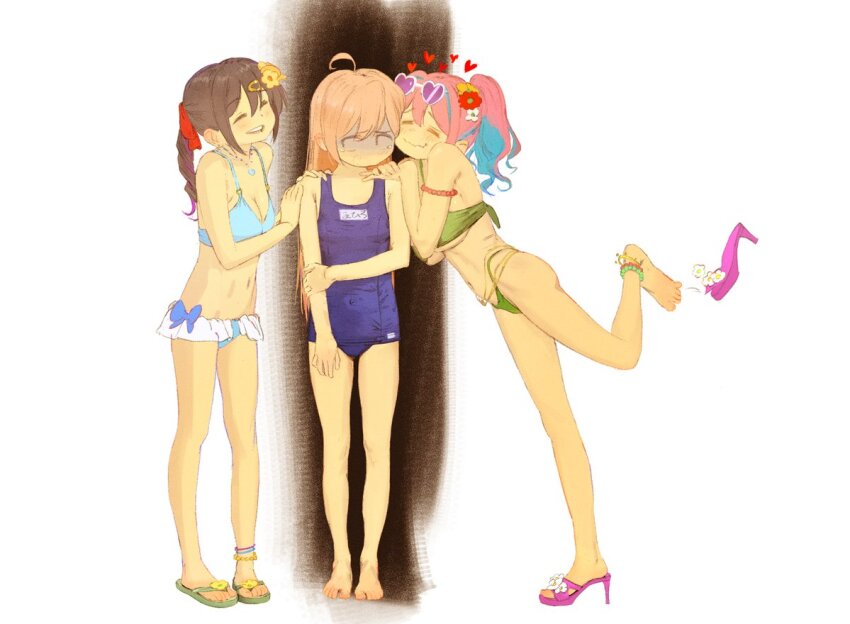 3girls ahoge barefoot bikini black_hair blonde_hair blue_bikini blue_hair blue_one-piece_swimsuit breasts cleavage colored_inner_hair commentary drill_hair drill_ponytail eyewear_on_head flip-flops flower full_body furrowed_brow girl_sandwich green_bikini hair_flower hair_ornament hand_on_own_arm hands_on_another&#039;s_shoulders happy heart heart-shaped_eyewear heart_necklace high_heel_sandals hozuki_kaede jewelry large_breasts long_hair looking_at_another medium_breasts multicolored_hair multiple_girls necklace old_school_swimsuit one-piece_swimsuit onii-chan_wa_oshimai! oyama_mahiro oyama_mihari pakio pink_hair ponytail sandals sandwiched school_swimsuit shaded_face siblings simple_background sisters small_breasts smile standing sunglasses swimsuit symbol-only_commentary tearing_up wavy_mouth white_background