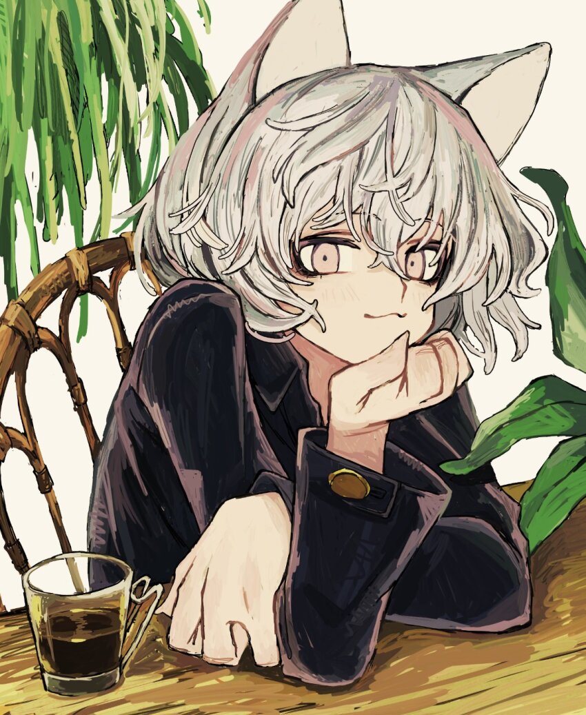 1girl animal_ears arm_support cat_ears cat_girl chair cup highres hunter_x_hunter looking_at_viewer maikeru_(dk_maikel) neferpitou short_hair sitting table