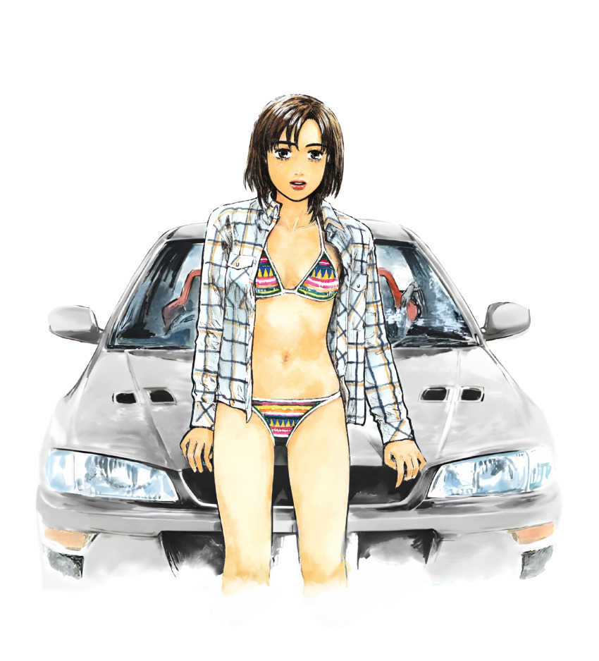 1girl belly bikini bottomless breasts brown_eyes brown_hair buttons car comic cover cover_page day dress_shirt highres initial_d lips lipstick looking_at_viewer makeup manga_cover medium_breasts motor_vehicle navel official_art open_clothes open_mouth open_shirt outdoors plaid_clothes plaid_shirt pocket red_lips right-hand_drive shigeno_shuuichi shirt short_hair smile solo standing subaru subaru_(brand) subaru_impreza swept_bangs swimsuit uehara_mika vehicle_focus