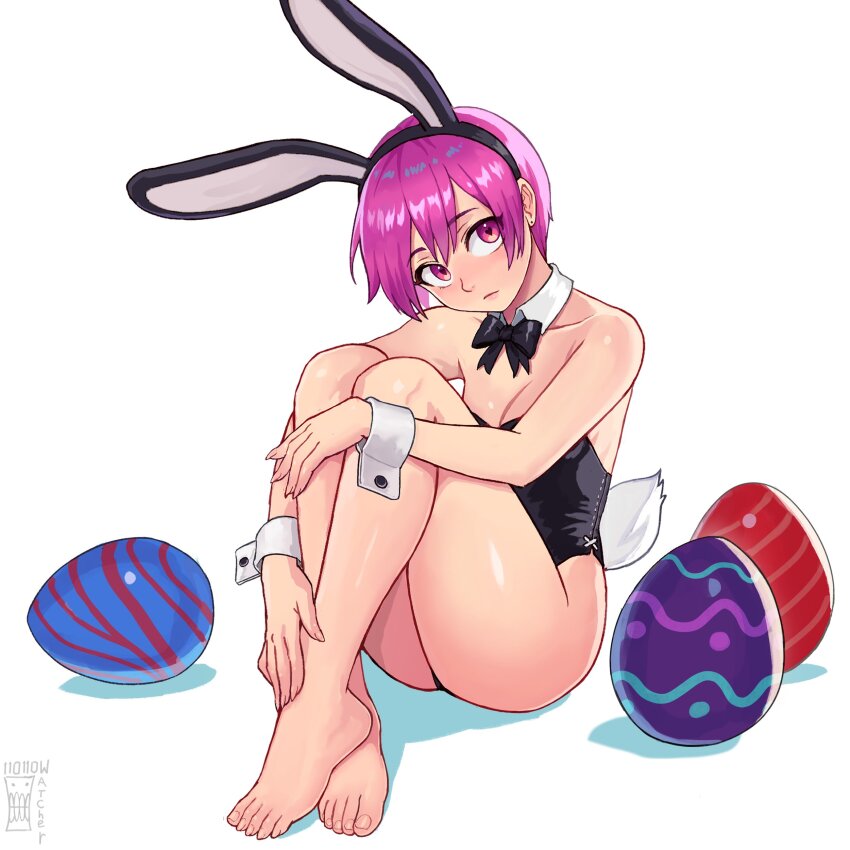 1girl absurdres animal_ear_hairband animal_ears artist_logo artist_name ass bare_shoulders barefoot black_bow black_bowtie black_leotard bow bowtie breasts cleavage collarbone commentary darkstalkers detached_collar earrings easter easter_egg egg english_commentary fake_animal_ears fake_tail feet full_body hair_between_eyes hairband head_tilt highleg highleg_leotard highres jewelry knees_up leg_up legs leotard lilith_(darkstalkers) logo looking_at_viewer pink_eyes pink_hair playboy_bunny rabbit_ears rabbit_tail shadow short_hair signature small_breasts solo strapless strapless_leotard stud_earrings tail toenails toes upturned_eyes very_short_hair watcher_hollow white_background wrist_cuffs