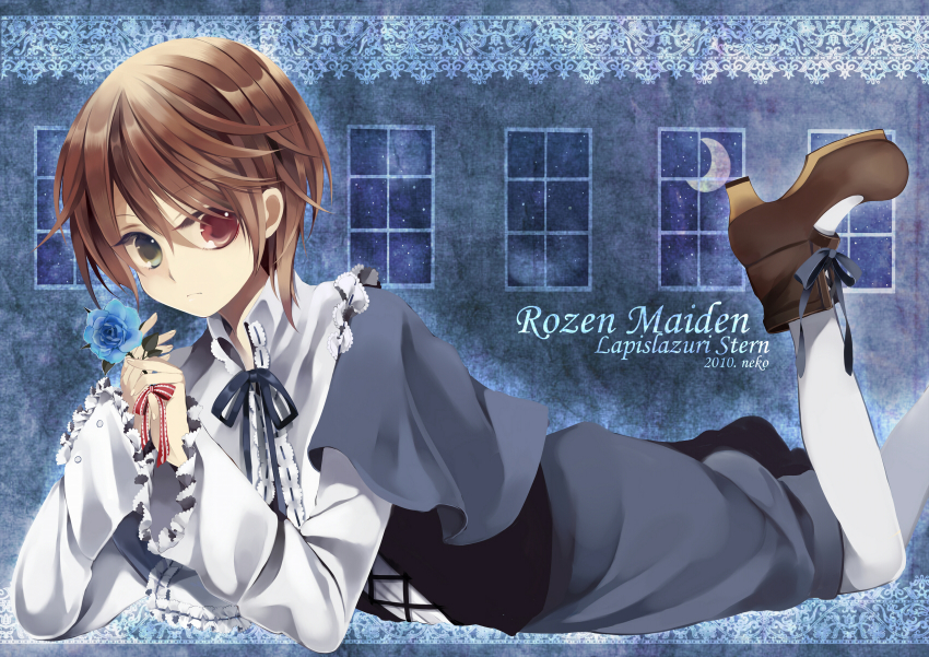 00s 1girl blue_flower blue_rose brown_hair female_focus flower green_eyes heterochromia highres lying neko_(natsuiroclassic) no_headwear on_stomach pantyhose red_eyes reverse_trap rose rozen_maiden shoes short_hair solo souseiseki white_pantyhose