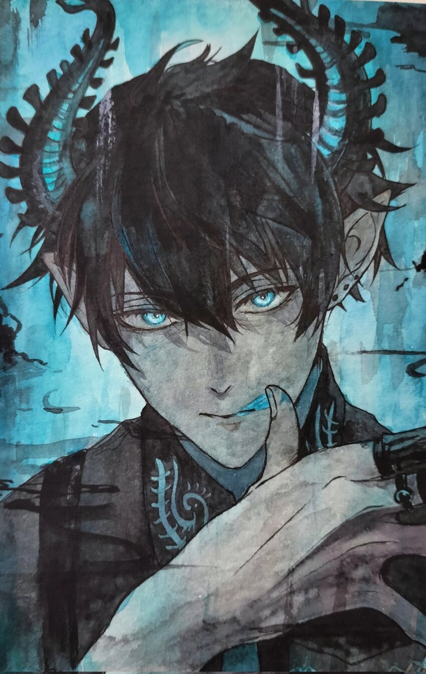 1boy arm_up black_hair black_horns black_shirt blue_eyes claw_ring closed_mouth collared_shirt commentary earrings english_commentary hair_between_eyes highres horns jewelry long_pointy_ears looking_at_viewer male_focus multiple_earrings nijisanji nijisanji_en piercing pointy_ears ren_zotto shirt solo thumb_to_mouth upper_body virtual_youtuber ywnwjp4fgos9njn