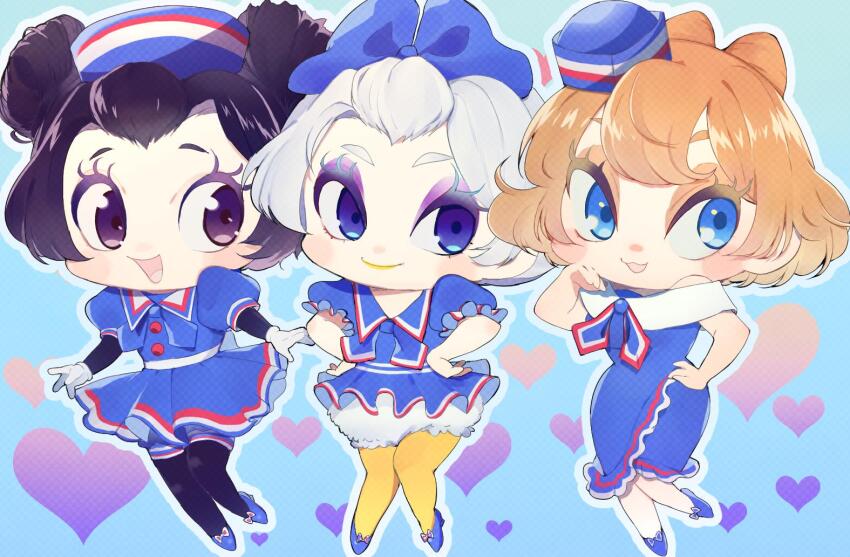 3girls animification blue_dress blue_eyes blue_sailor_collar brown_hair chibi clarice_(disney) daisy_duck disneyland dress eyelashes full_body humanization looking_at_viewer mickey_mouse_&amp;_friends minnie_mouse multiple_girls open_mouth personification rl10_02 sailor_collar sailor_dress short_hair smile