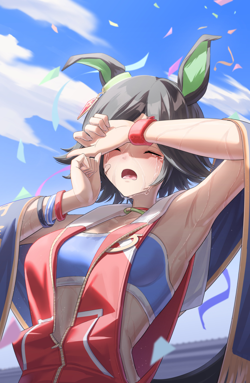 1girl animal_ears armpits bandaid bandaid_on_cheek bandaid_on_face bandeau black_hair blue_bandeau blue_sky blue_sports_bra blush breasts closed_eyes cloud confetti crying ear_ornament hair_between_eyes highres hood hoodie horse_ears horse_girl horse_tail jacket low-cut_armhole mintea_(minteashake) open_mouth parted_bangs red_hoodie red_jacket rubbing_eyes short_hair sky sleeveless sleeveless_hoodie sleeveless_jacket solo sports_bra swept_bangs tail tears umamusume upper_body winning_ticket_(get_to_winning!)_(umamusume) winning_ticket_(umamusume) wiping_tears wristband