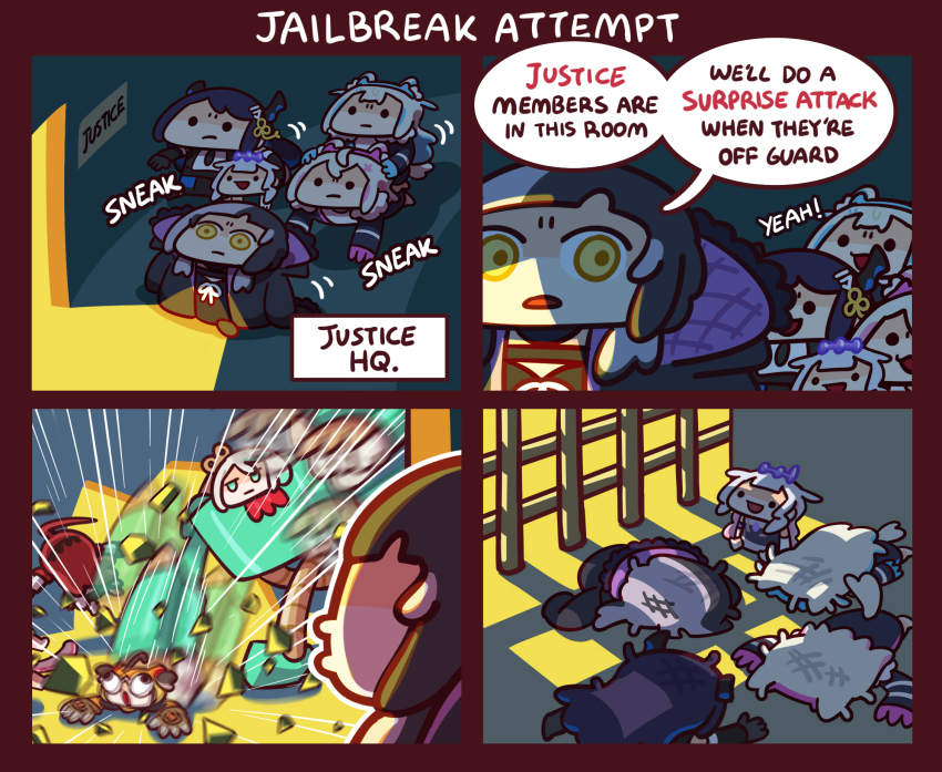 4koma 6+girls cecilia_immergreen chibi comic defeat elizabeth_rose_bloodflame english_text fuwawa_abyssgard gigi_murin highres holoadvent holojustice hololive hololive_english keenbiscuit koseki_bijou long_hair mococo_abyssgard multiple_girls nerissa_ravencroft shiori_novella virtual_youtuber