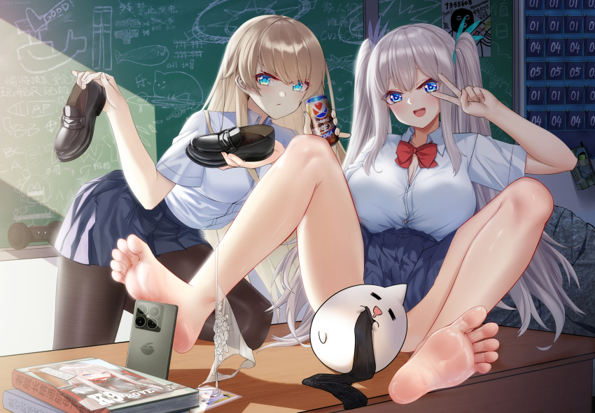 2girls absurdres bare_legs barefoot blonde_hair blue_eyes blue_skirt bow bowtie cang_se_ye_hua cellphone feet highres holding holding_shoes holding_unworn_clothes lexington_(azur_lane) lexington_(warship_girls_r) long_hair looking_at_viewer multiple_girls open_mouth panties panty_pull phone shirt shoes skirt socks soles toes twintails underwear unworn_shoes warship_girls_r white_hair white_panties white_shirt