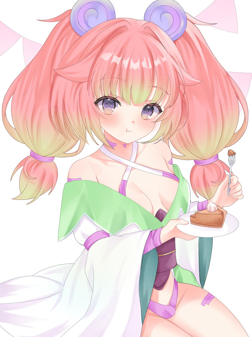 1girl :t absurdres astrachan949 breasts cleavage closed_mouth commentary dress eating english_commentary food fork green_hair highres holding holding_fork long_hair looking_at_viewer medium_breasts multicolored_hair pie pink_hair purple_eyes second-party_source simple_background smile solo stronny_cuttles symbol-shaped_pupils twintails two-tone_hair vallure virtual_youtuber white_background white_dress