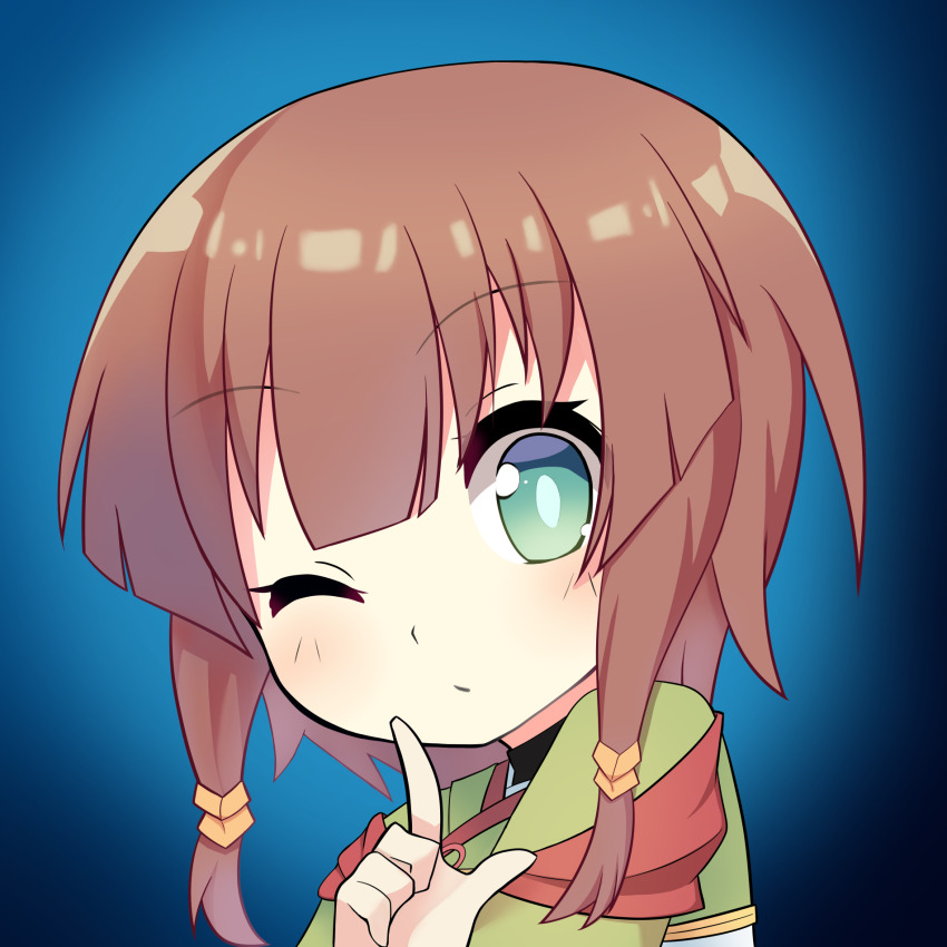 1girl blue_background bob_cut brown_hair close-up commentary_request finger_to_mouth green_eyes green_kimono highres inverted_bob japanese_clothes kimono low-tied_sidelocks nanaka_(tenka_hyakken) one_eye_closed parted_lips pointing saru_(style) short_hair short_sleeves shushing sidelocks solo sumiboshi_(zatsuha) tenka_hyakken upper_body