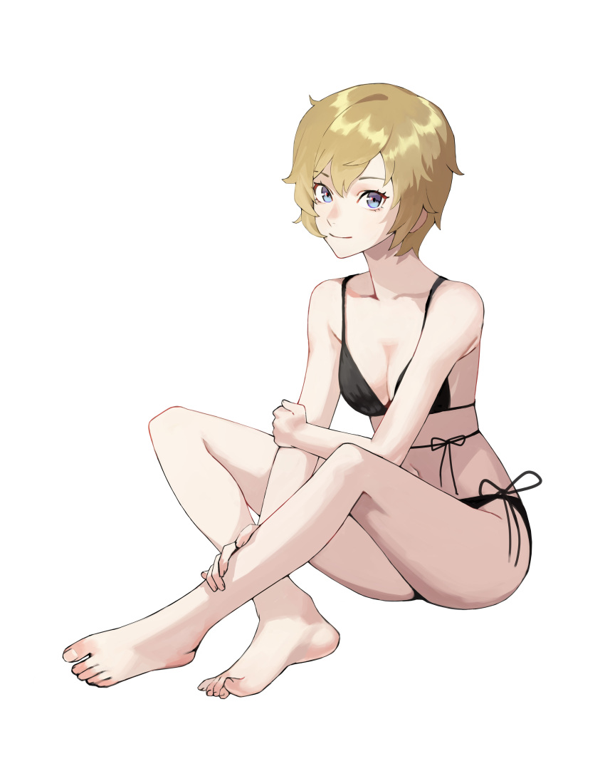 1girl absurdres alternate_costume arai_motoha barefoot bikini black_bikini blonde_hair blue_eyes breasts cleavage closed_mouth commentary_request ego1st97 full_body head_tilt highres korean_commentary looking_at_viewer navel persona persona_5 persona_5:_the_phantom_x short_hair simple_background sitting small_breasts smile solo stomach swimsuit toenails toes white_background