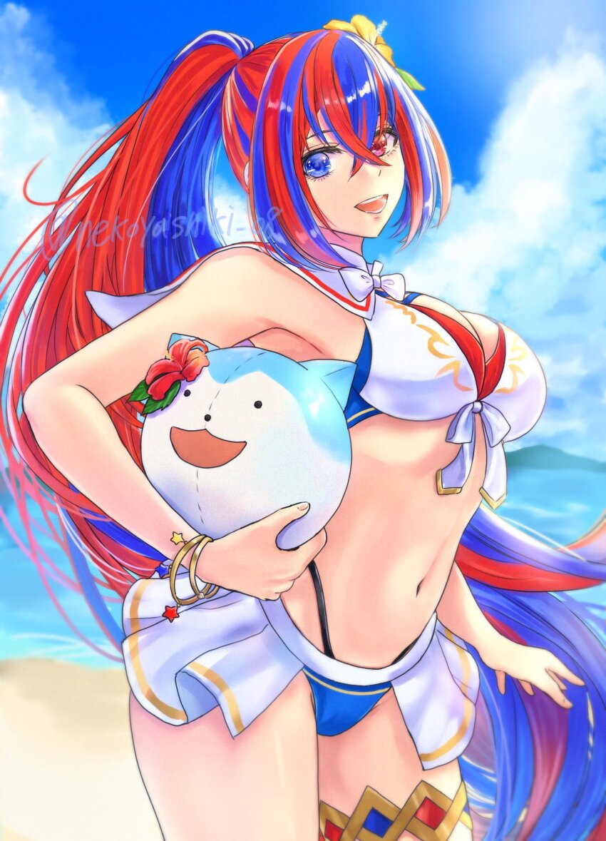 1girl beach bikini blue_bikini blue_eyes blue_hair breasts character_ball cleavage crossed_bangs female_alear_(fire_emblem) female_alear_(seaside_dragon)_(fire_emblem) fire_emblem fire_emblem_engage fire_emblem_heroes gold_thighlet heterochromia highres large_breasts long_hair multicolored_bikini multicolored_hair multicolored_swimsuit nekoyashiki_08 nintendo official_alternate_costume official_alternate_hairstyle open_mouth ponytail red_bikini red_eyes red_hair showgirl_skirt smile solo sommie_(fire_emblem) split-color_hair swimsuit two-tone_hair very_long_hair water white_bikini