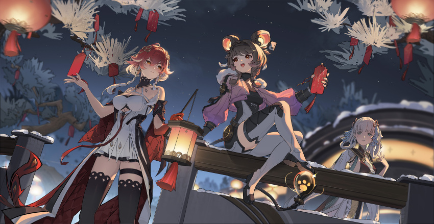 3girls artist_request bare_shoulders black_collar black_hairband black_jacket black_shirt black_thighhighs blurry blurry_background body_markings bodysuit braid breasts bright_pupils brown_eyes brown_hair changli_(wuthering_waves) check_artist cleavage closed_mouth collar colored_extremities enkg fur-trimmed_jacket fur_trim hair_between_eyes hair_extensions hair_ornament hairband hand_up highres holding holding_lantern jacket jinhsi_(wuthering_waves) lantern large_breasts long_hair looking_at_another lumi_(wuthering_waves) medium_breasts multicolored_hair multiple_girls night night_sky object_request open_mouth orange_eyes outdoors pink_hair pink_jacket red_hands ring_hair_extensions shirt single_leg_bodysuit sky smile tacet_mark_(wuthering_waves) thick_eyebrows thigh_strap thighhighs thighs twin_braids two-tone_hair white_bodysuit white_eyes white_hair white_pupils wuthering_waves