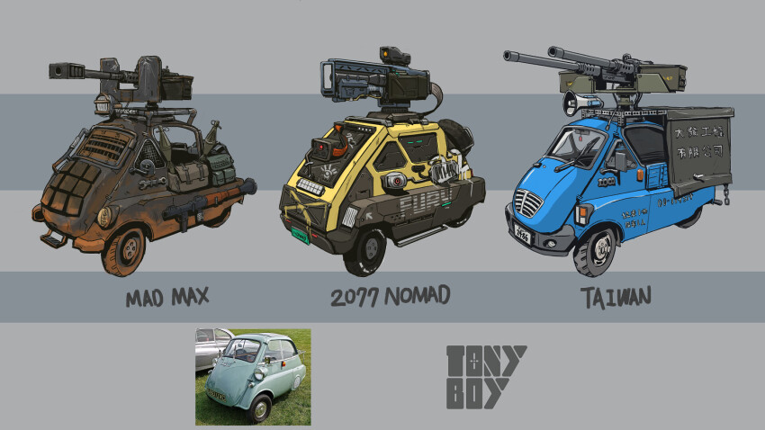 bmw bmw_isetta browning_m2 chinese_text cyberpunk_(series) cyberpunk_2077 dust english_text gun heavy_machine_gun highres improvised_armor license_plate machine_gun mad_max manually-operated_mounted_gun megaphone original photo_inset railgun remote_weapon_system rocket_launcher rpg_(weapon) scope signature simple_background spray_paint taiwan technical tony_tseng variations video_camera weapon windshield wipers wrench