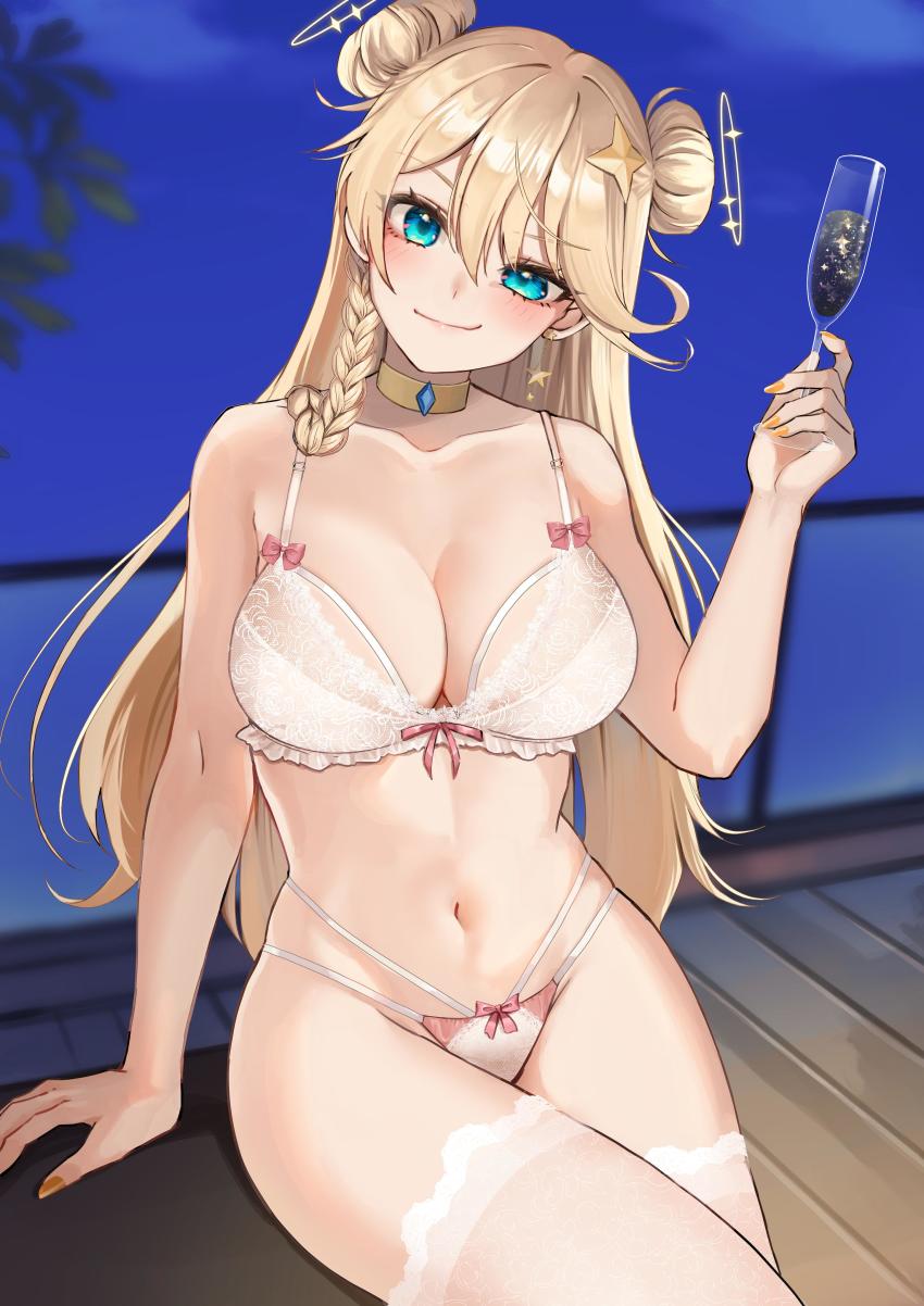 absurdres alcohol blonde_hair blue_eyes braid breasts champagne choker hair_bun hair_buns hair_ornament highres kaneko_lumi large_breasts lingerie nail_polish phase_connect ramachiru ribbon see-through_clothes smug stomach underwear virtual_youtuber white_legwear white_lingerie