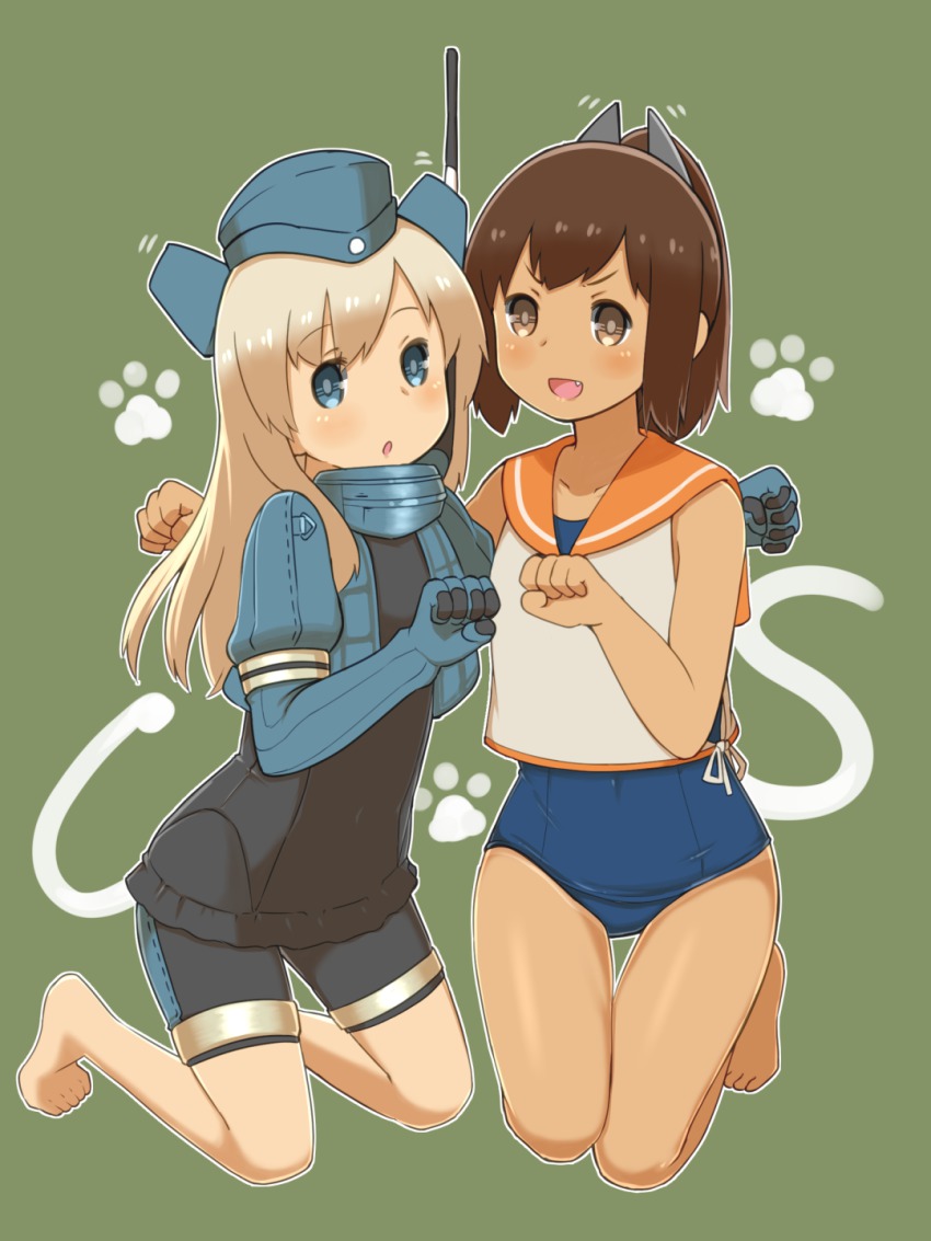 10s 2girls animal_ears blonde_hair blue_eyes brown_eyes brown_hair capriccyo garrison_cap hat highres i-401_(kancolle) kantai_collection long_hair multiple_girls paw_pose ponytail smile swimsuit swimsuit_under_clothes tail u-511_(kancolle) uniform