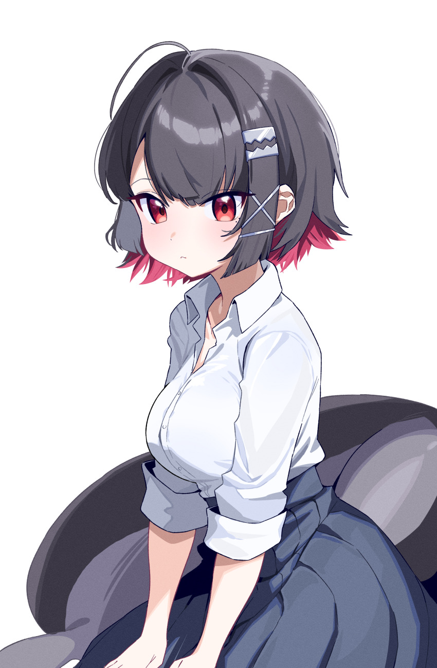 1girl absurdres black_hair blue_skirt breasts closed_mouth collared_shirt colored_inner_hair commentary ellen_joe ellen_joe_(on_campus) fins fish_tail highres large_breasts looking_at_viewer multicolored_hair official_alternate_costume red_eyes red_hair shark_girl shark_tail shirt skirt solo tail tosyeo two-tone_hair white_shirt zenless_zone_zero