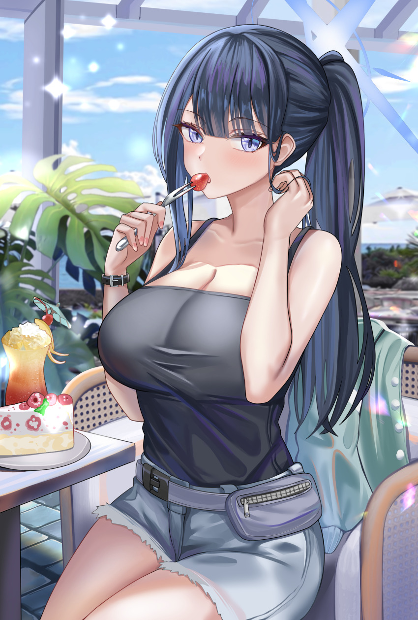 1girl absurdres aqua_jacket black_camisole blue_archive blue_halo breasts camisole cleavage colored_inner_hair cross_halo denim denim_shorts dessert food halo highres jacket jinpaitugounan multicolored_hair official_alternate_costume official_alternate_hairstyle saori_(blue_archive) saori_(swimsuit)_(blue_archive) shorts solo