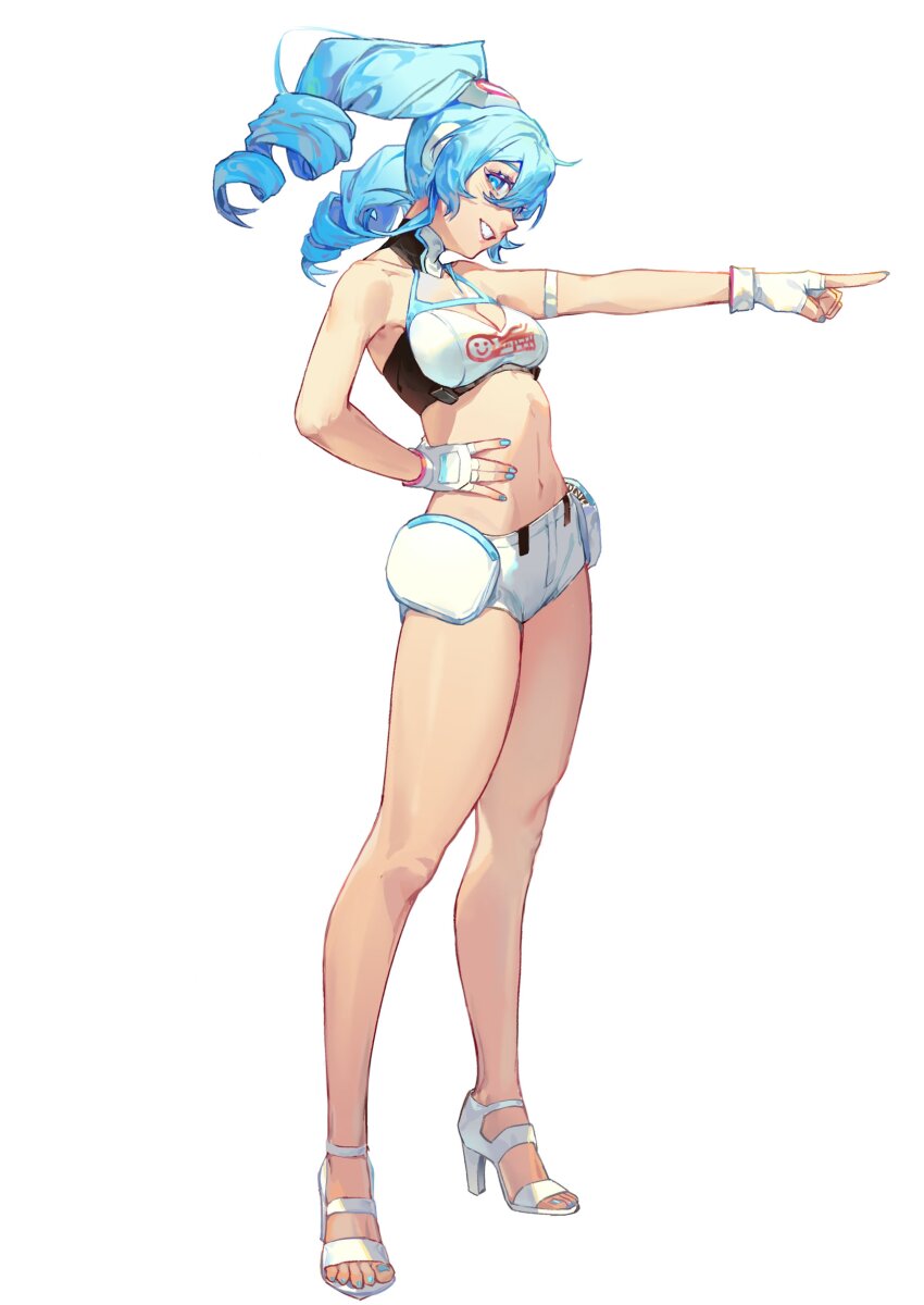 1girl absurdres armband bare_arms bare_legs bare_shoulders blue_eyes blue_hair blue_nails breasts cleavage collarbone detached_collar drill_hair fanny_pack fingerless_gloves fingernails full_body gloves goggles goggles_on_head goodsmile_company goodsmile_racing grin hair_between_eyes halterneck hand_on_own_hip hatsune_miku head_tilt high_heels highres index_finger_raised kako_(pixiv77158173) legs light_blush long_legs looking_at_viewer medium_breasts micro_shorts midriff navel outstretched_arm pointing racing_miku sandals shorts sidelocks sideways_glance simple_background smile solo standing strapless toenails tube_top twin_drills vocaloid white_armband white_background white_gloves white_sandals white_shorts white_tube_top