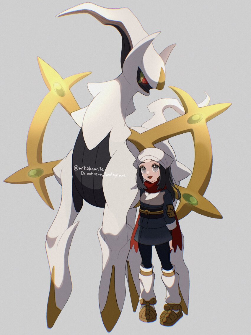 1girl akari_(pokemon) arceus black_hair black_sash eyelashes galaxy_expedition_team_survey_corps_uniform gen_4_pokemon grey_eyes grey_jacket hat headscarf highres jacket legendary_pokemon long_hair loose_socks mikakami1e mythical_pokemon nintendo open_mouth pantyhose pokemon pokemon_(creature) pokemon_legends:_arceus ponytail red_scarf sash scarf shirt sidelocks smile socks white_headscarf