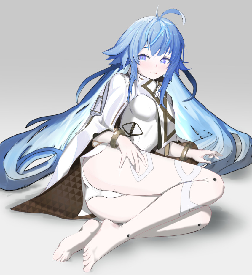 1girl :3 ass bare_legs barefoot blue_eyes blue_hair blush breasts cape eniac_(neural_cloud) from_below full_body girls&#039;_frontline girls&#039;_frontline_neural_cloud hair_between_eyes hand_on_own_thigh highres legs legs_folded leotard light_smile long_hair lotan lying on_side pale_skin panties purple_eyes small_breasts solo thighs underwear very_long_hair white_cape white_leotard white_panties