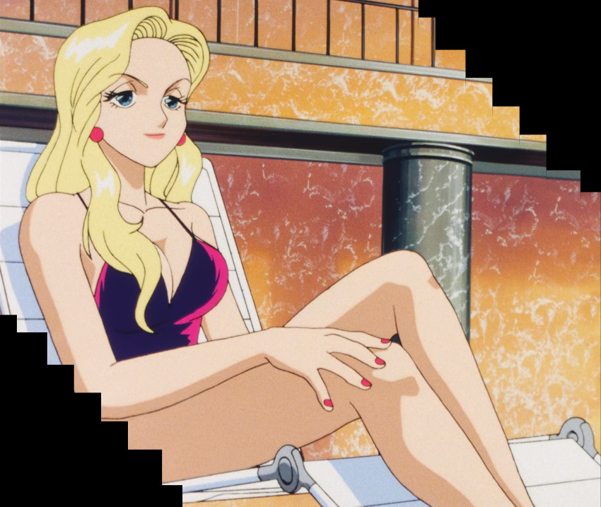 1girl bare_legs black_one-piece_swimsuit breasts cleavage earrings highres jewelry large_breasts long_hair looking_to_the_side marilyn_(red_baron) nail_polish one-piece_swimsuit red_baron_(anime) screencap sitting smile swimsuit third-party_edit very_long_hair