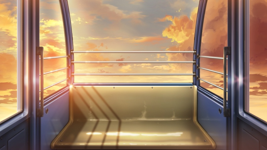 cloud cloudy_sky ferris_wheel_interior glowing gradient_sky highres no_humans non-web_source official_art orange_clouds orange_light our_life:_beginnings_and_always outdoors railing scenery shadow sky sunset window