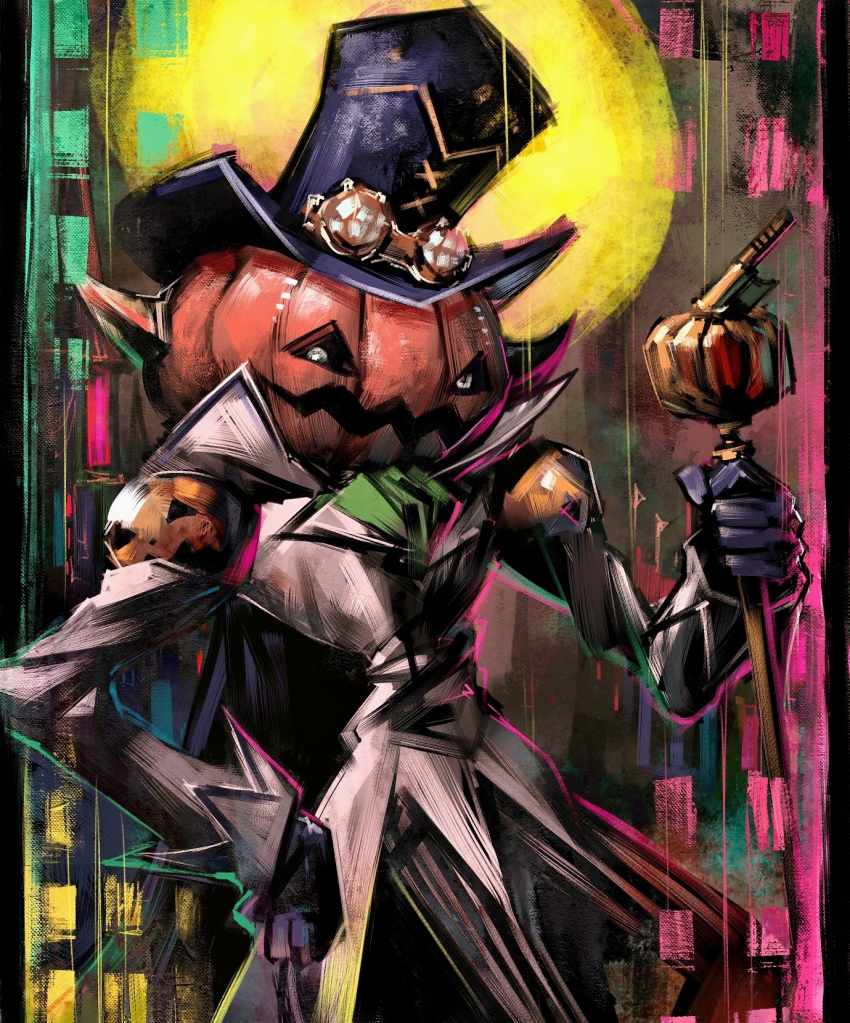 ascot black_gloves black_hat black_pants coat commentary digimon digimon_(creature) disutihada full_moon gloves goggles goggles_on_headwear grey_coat grey_eyes hand_on_own_hip hat high_collar highres holding holding_scepter jack-o&#039;-lantern long_sleeves looking_at_viewer moon multicolored_background no_humans noblepumpmon pants pumpkin scepter solo