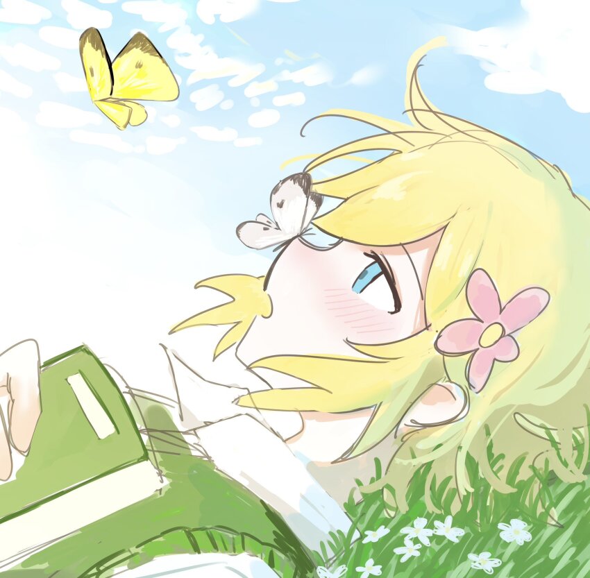 1boy :o androgynous basil_(faraway)_(omori) basil_(omori) blonde_hair blue_eyes blue_sky blush book bug butterfly butterfly_on_nose cloud collared_shirt day flower from_side green_sweater_vest hair_between_eyes hair_flower hair_ornament hand_up hashtag-only_commentary highres holding holding_book insect looking_ahead looking_at_animal lying male_focus mg_m_g_15 omori on_back on_grass open_mouth outdoors pink_flower profile shirt short_hair sidelocks simple_background sky solo sweater_vest upper_body white_butterfly white_flower white_shirt yellow_butterfly