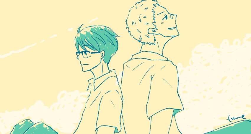 2boys back-to-back bandaid bandaid_on_face bandaid_on_nose closed_mouth from_side glasses green_theme kawabuchi_sentarou looking_up male_focus monochrome multiple_boys nishimi_kaoru profile sakamichi_no_apollon short_hair sitting smile tsume158cm upper_body