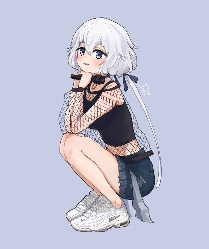 1girl air_max fishnet_top fishnets highres konno_junko nike_(company) paso shoes simple_background sneakers squatting twintails white_hair zombie_land_saga