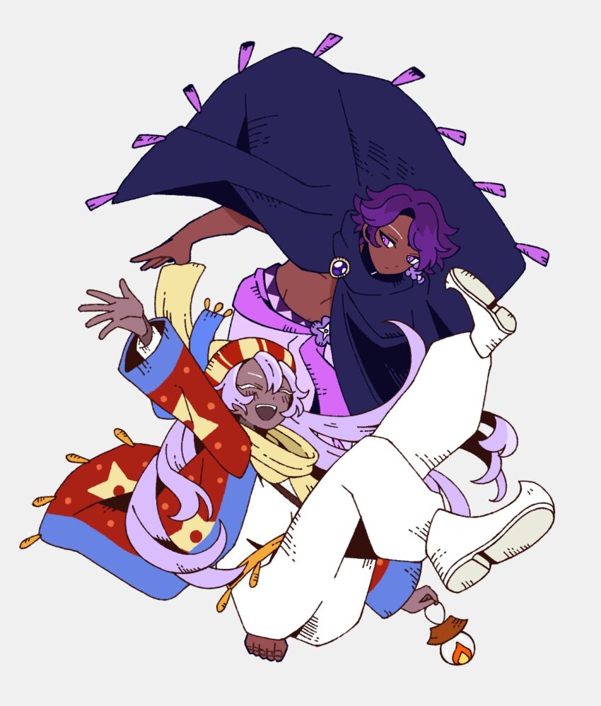 2boys :d ^_^ arm_up bishounen black_cloak black_shirt blue_coat bright_pupils ckrn_latte cloak closed_eyes closed_mouth coat cookie_run cookie_run:_ovenbreak dark-skinned_male dark_skin expressionless falling flat_color floating_cape hat highres holding holding_lantern knee_up lantern leg_up lilac_cookie long_hair looking_back male_focus midair multicolored_coat multiple_boys open_clothes open_coat open_mouth outstretched_arm pants pink_eyes polka_dot_coat purple_hair red_coat red_hat scarf shirt short_hair sideways_glance simple_background smile striped_clothes striped_headwear tassel teeth two-tone_coat two-tone_headwear upper_teeth_only white_background white_pants white_pupils yellow_hat yellow_scarf yogurt_cream_cookie yogurt_cream_cookie_(chic_traveler)